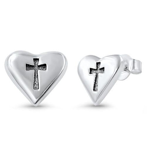 Heart Cross Sterling Silver Earrings,E30035,Plain Design-Wholesale
