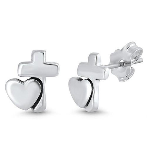 Silver Cross Heart Earring,E30038,Plain Design-Wholesale