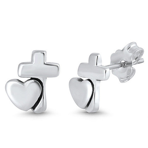Silver Cross Heart Earring,E30038,Plain Design
