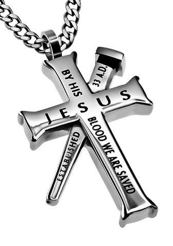 Silver Established Cross Necklace, "By His Blood"