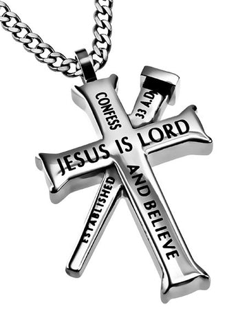 Silver Established Cross Necklace, "Jesus Is Lord"