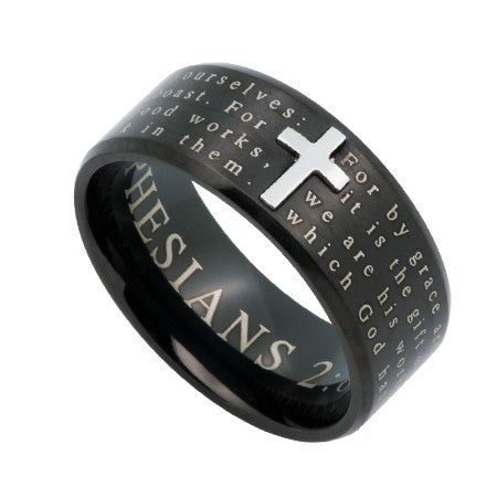 Logos Ring Black, "Saved By Grace"