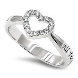 CZ Open Heart Silver Ring, "ALL THINGS THROUGH CHRIST MY STRENGTH - PHIL. 4:13"
