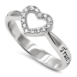 CZ Open Heart Silver Ring, "TRUST IN THE LORD WITH ALL THINE HEART - PROV. 3:5"