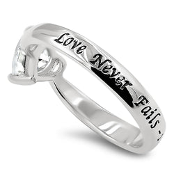 CZ Heart Silver Ring, "LOVE NEVER FAILS - 1 COR. 13:8"