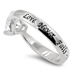 CZ Heart Silver Ring, "LOVE NEVER FAILS - 1 COR. 13:8"-Wholesale