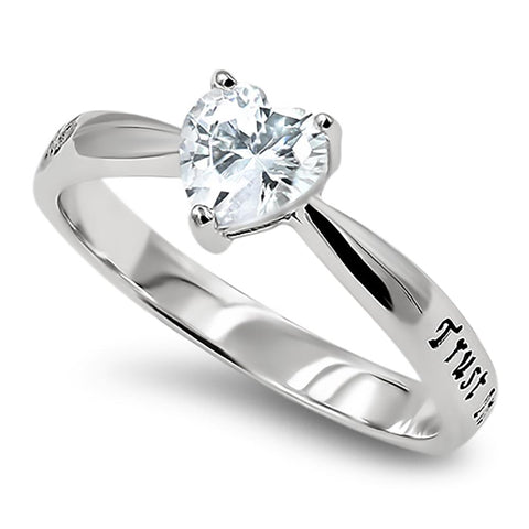 CZ Heart Silver Ring, "TRUST IN THE LORD WITH ALL THINE HEART - PROV. 3:5"