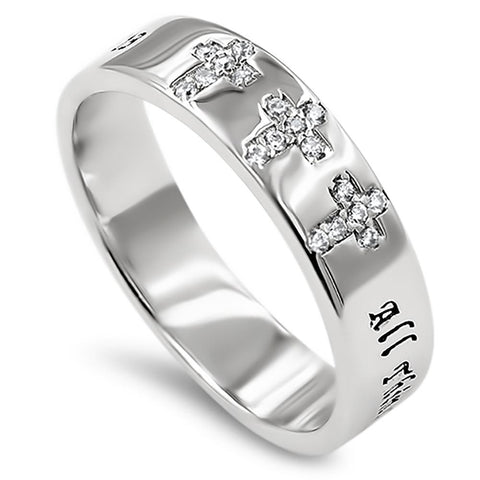Multi CZ Cross Silver Ring, "ALL THINGS THROUGH CHRIST MY STRENGTH - PHIL. 4:13"
