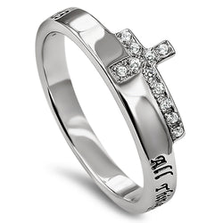 Side Cross Silver Ring, "ALL THINGS THROUGH CHRIST MY STRENGTH - PHIL. 4:13"