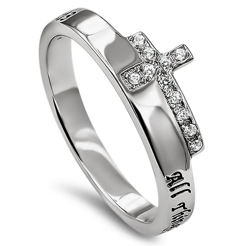 Side Cross Silver Ring, "ALL THINGS THROUGH CHRIST MY STRENGTH - PHIL. 4:13"-Wholesale