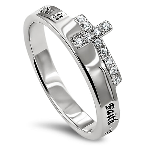 Side Cross Silver Ring, "FAITH - THE EVIDENCE OF THINGS HOPED FOR -HEBREWS 11"