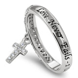 Hang Cross Silver Ring, "LOVE NEVER FAILS - 1 COR. 13:8"-Wholesale