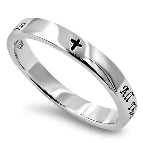 Petite Cross Silver Ring, "ALL THINGS THROUGH CHRIST MY STRENGTH - PHIL. 4:13"