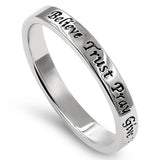Petite Cross Silver Ring, "BELIEVE TRUST PRAY GIVE HOPE REJOICE"