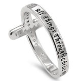 Sideway Cross Silver Ring, "ALL THINGS THROUGH CHRIST MY STRENGTH - PHIL. 4:13"