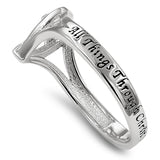 Heart Sheild CZ Cross Silver Ring, "ALL THINGS THROUGH CHRIST MY STRENGTH - PHIL. 4:13"