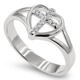 Heart Sheild CZ Cross Silver Ring, "ALL THINGS THROUGH CHRIST MY STRENGTH - PHIL. 4:13"