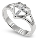 Heart Sheild CZ Cross Silver Ring, "GOD IS LOVE - 1 JOHN 4:16"-Wholesale