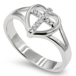 Heart Sheild CZ Cross Silver Ring, "ALL THINGS THROUGH CHRIST MY STRENGTH - PHIL. 4:13"-Wholesale