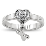 CZ Heart with Dangling Cross Silver Ring, "ALL THINGS THROUGH CHRIST MY STRENGTH - PHIL. 4:13"-Wholesale