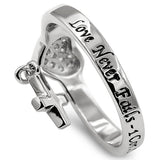 CZ Heart with Dangling Cross Silver Ring, "LOVE NEVER FAILS - 1 COR. 13:8"-Wholesale