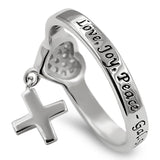 CZ Heart with Dangling Cross Silver Ring, "LOVE-Wholesale
