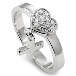 CZ Heart with Dangling Cross Silver Ring, "LOVE NEVER FAILS - 1 COR. 13:8"