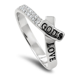 CZ Ribbon Silver Ring, "GOD'S LOVE JESUS - JOHN 3:16"
