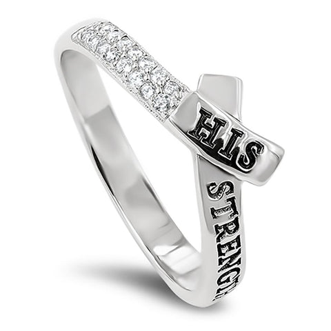 CZ Ribbon Silver Ring, "HIS STRENGTH PHILIPPIANS 4:13"-Wholesale