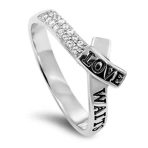 CZ Ribbon Silver Ring, "LOVE WAITS 1 TIMOTHY 4:12"-Wholesale