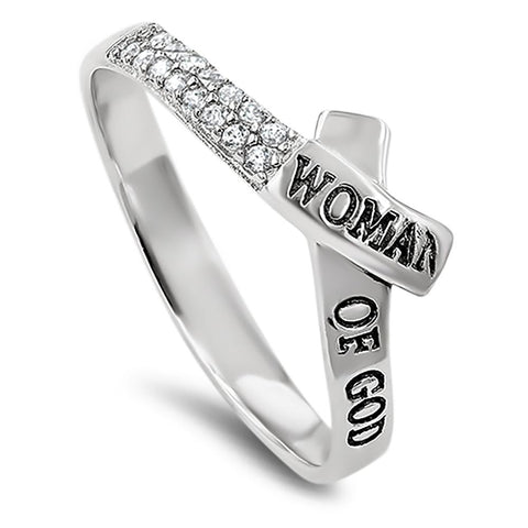 CZ Ribbon Silver Ring, "WOMAN OF GOD PROVERBS 31"