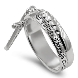 CZ Dangling Crosss Silver Ring, "ALL THINGS THROUGH CHRIST MY STRENGTH - PHIL. 4:13"