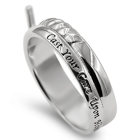 CZ Dangling Crosss Silver Ring, "CAST YOUR CARE UPON HIM - 1 PETER 5:7"-Wholesale