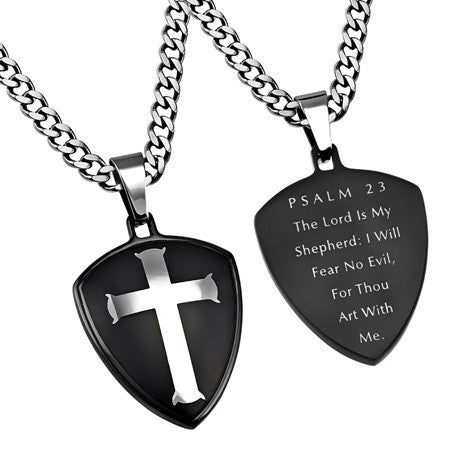 Black R2 Shield Cross Necklace, "Psalm 23"
