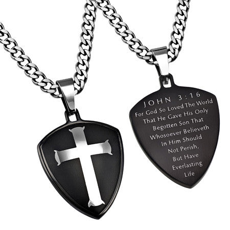 Black R2 Shield Cross Necklace, "John 3:16"