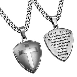 Silver R2 Shield Cross, "John 3:16"