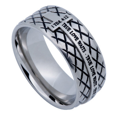 Silver Diamond Back Cross Ring, "True Love Waits"