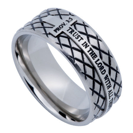 Silver Diamond Back Cross Ring, "Trust In The Lord With All Thine Heart"