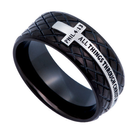 Black Diamond Back Cross Ring, "Christ My Strength"