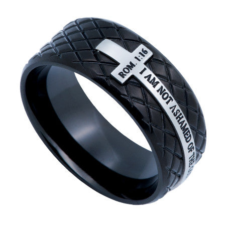 Black Diamond Back Cross Ring, "Not Ashamed" | Rom. 1:16 |  Stainless Steel  | Christian Jewelry