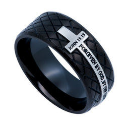 Black Diamond Back Cross Ring, "Forgiven"