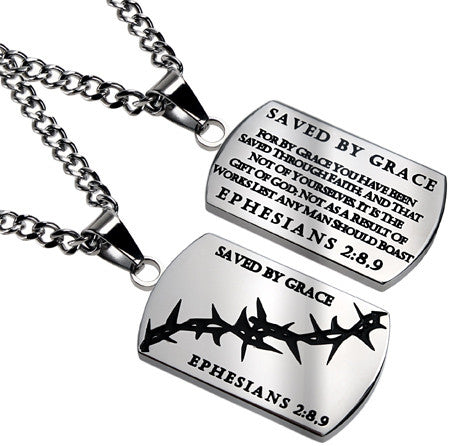 Crown of Thorns Dog Tag, "Saved By Grace"