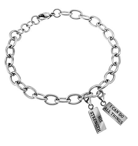 Scripture Charm Bracelet, Silver Charms - "His Strength"