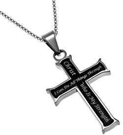 Women’s Mini Black Iron Cross, "Christ My Strength"